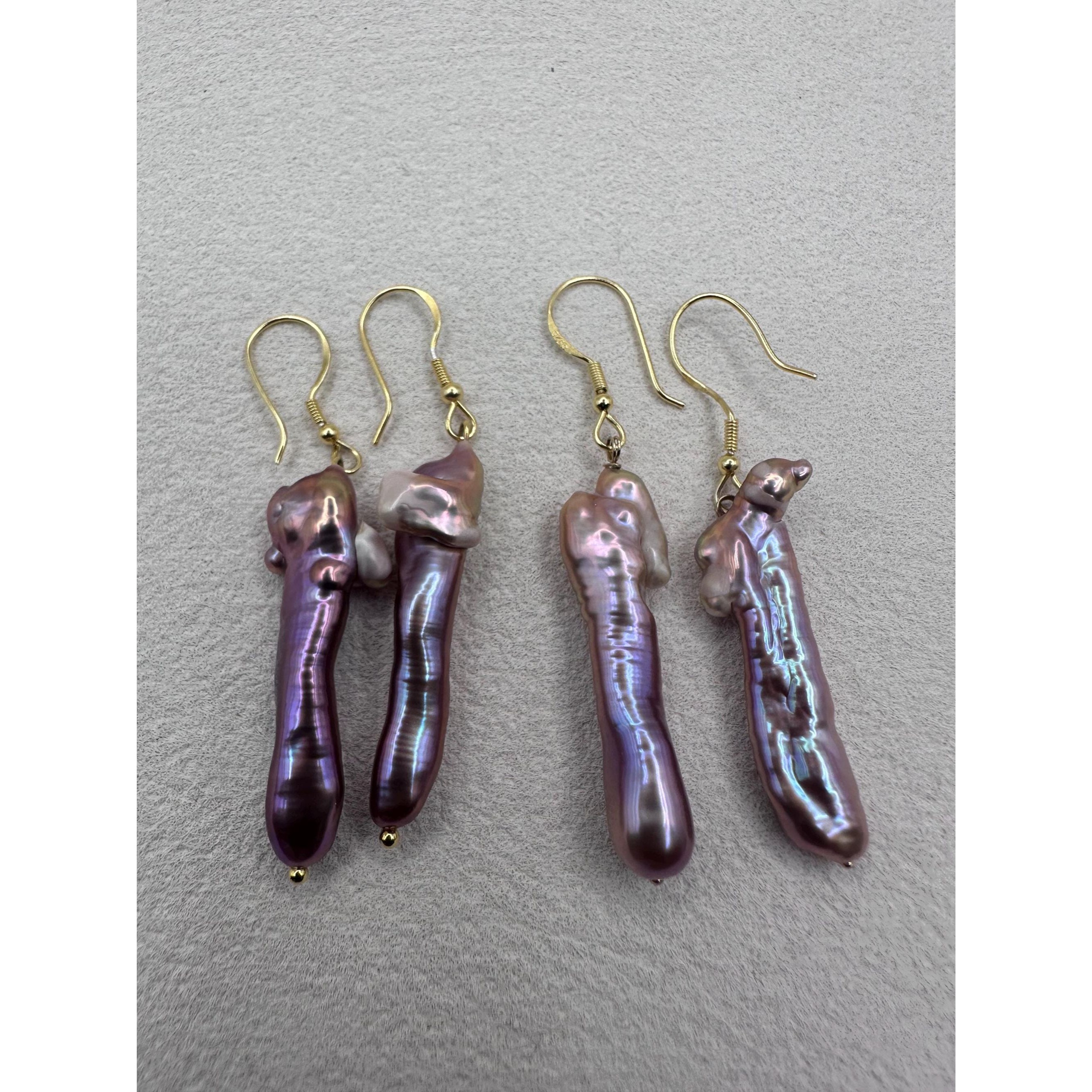Natural Purple Biwa Stick Pearl Earrings Freshwater Gold Plated 925 Hooks